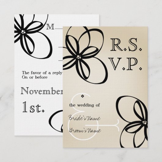 Tan & Black Modern Wedding RSVP met bloemen Kaartje (Voorkant / Achterkant)