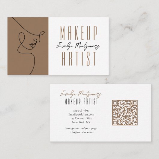 Tan Black QR Code Script Makeup Business Card Visitekaartje (Voorkant / Achterkant)