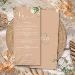 Tan Bloemen groen monogram bruiloft diner Menu<br><div class="desc">Dit elegante bruine botanische groen blad bruiloft menu kan worden gepersonaliseerd met uw informatie in chique typografie met uw monogram initialen op de achterkant. Ontworpen door Thisnotme©</div>