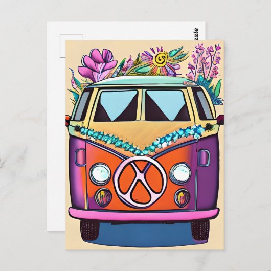 Tan Bloemen Retro Hippie Van  Kunst Briefkaart (Voorkant / Achterkant)