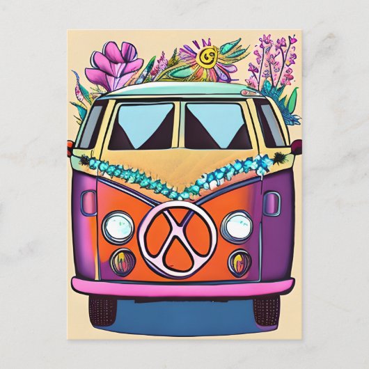 Tan Bloemen Retro Hippie Van  Kunst Briefkaart (Voorkant)