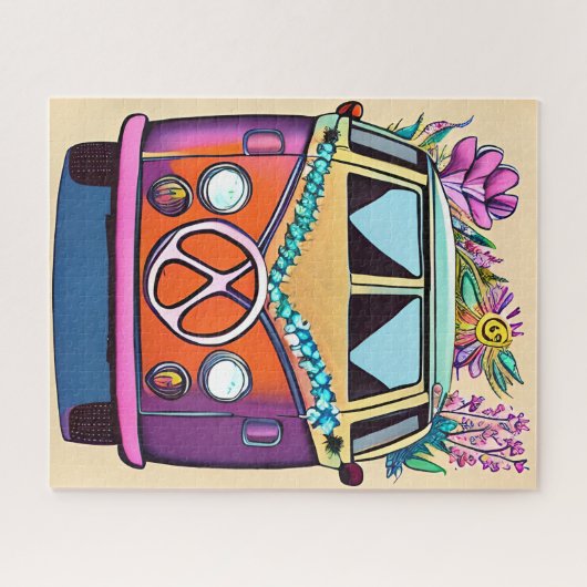 Tan Bloemen Retro Hippie Van  Kunst Legpuzzel (Horizontaal)
