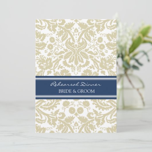 Tan Blue Damask repesal Dinner Party Kaart (Staand voorkant)
