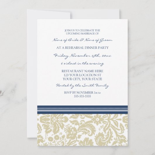 Tan Blue Damask repesal Dinner Party Kaart (Achterkant)