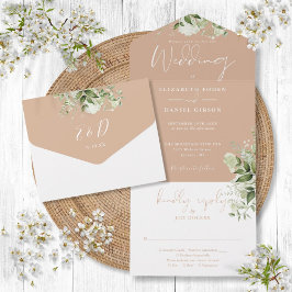 Tan Botanische Groene Monogram Huwelijk  All In One Uitnodiging