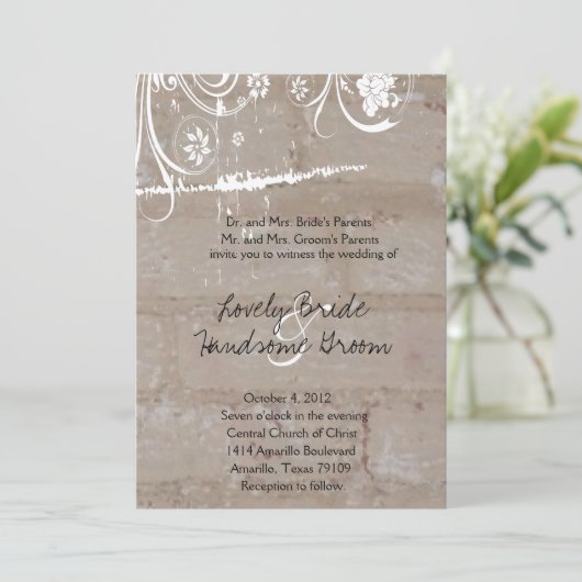 Tan Brick Lace Wedding Invitation Kaart (Staand voorkant)