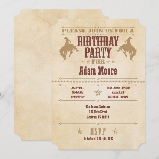 Tan Brown Beige Cowboy Birthday Uitnodiging (Voorkant / Achterkant)