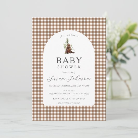 Tan Brown Check Plaid Gingham Boy Beer Baby shower Kaart (Staand voorkant)