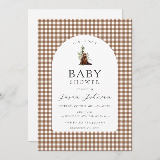 Tan Brown Check Plaid Gingham Boy Beer Baby shower Kaart (Voorkant / Achterkant)