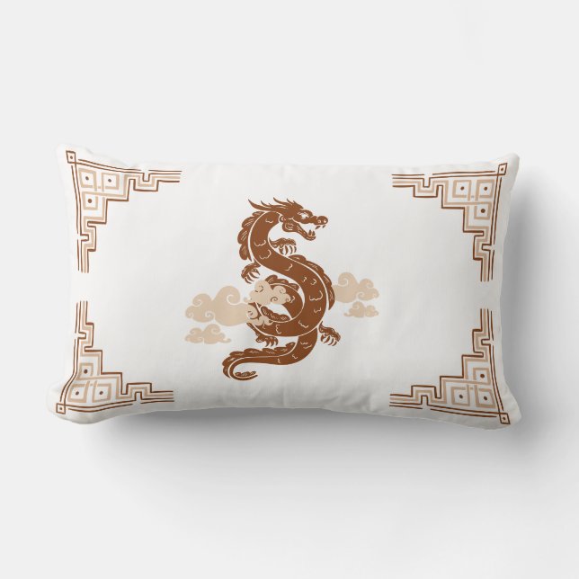 Tan Brown Chinoiserie Dragon & Clouds Kussen (Voorkant)