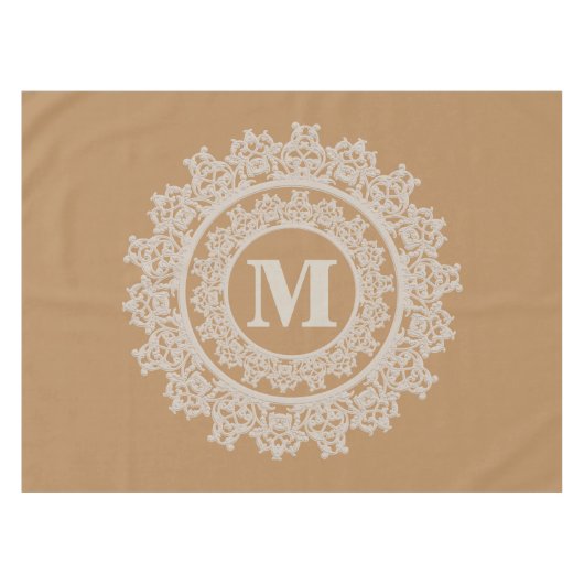 Tan Brown en Cream Elegant Monogram Tafelkleed (Voorkant (Horizontaal))