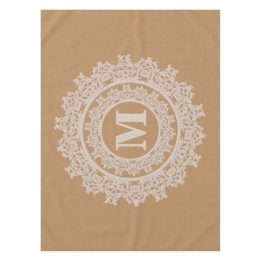 Tan Brown en Cream Elegant Monogram Tafelkleed (Voorkant)