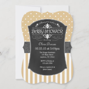 Tan Brown Gray Chalkboard Stripes Baby shower Kaart