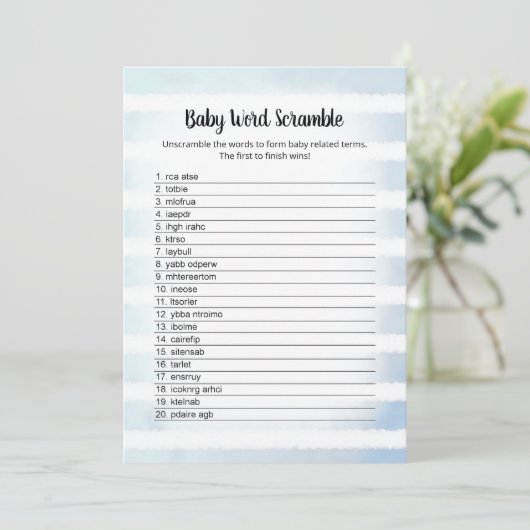 Tan Bunny Blue Baby Word Scramble Game Kaart (Staand voorkant)