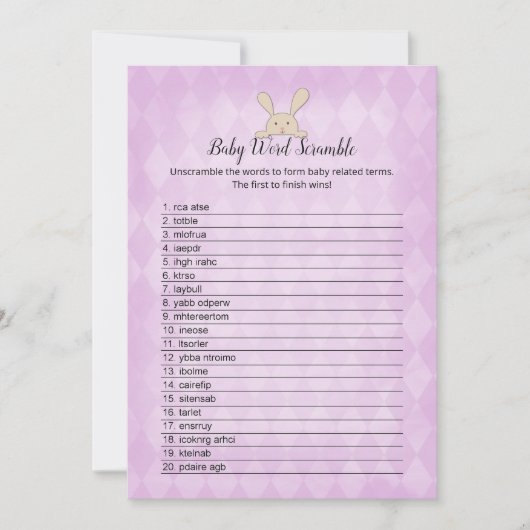 Tan Bunny Paarse Argyle Baby Word Scramble Game Kaart (Voorkant)