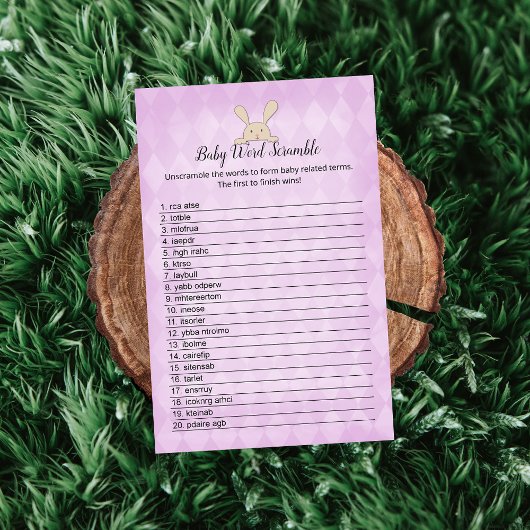 Tan Bunny Paarse Argyle Baby Word Scramble Game Kaart