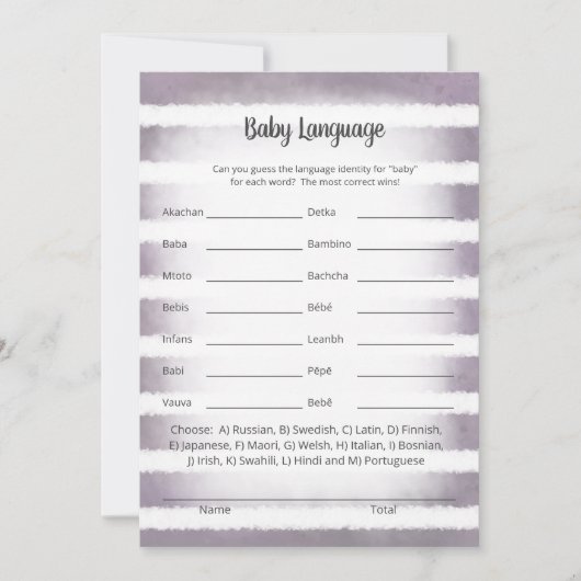 Tan Bunny Paarse Baby Language Game Kaart (Voorkant)