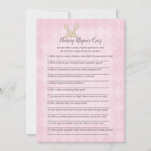Tan Bunny Pink Argyle Nursery Rhymes Game Kaart (Voorkant)