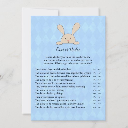 Tan Bunny Rabbit Blue over onder Shower Game Kaart (Voorkant)