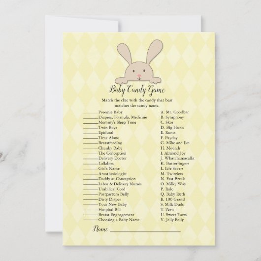 Tan Bunny Rabbit Yellow Baby Shower Game Kaart (Voorkant)