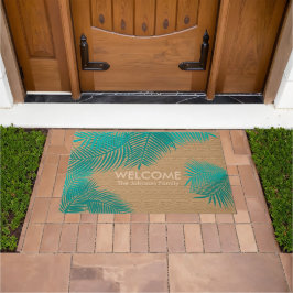 Tan Burlap met Blauwgroen palmbladeren Deurmat