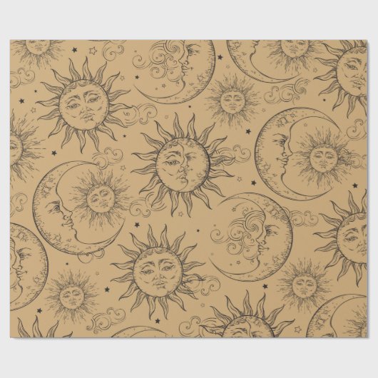 Tan  Celestial Sun Moon Stars Cadeaupapier (Vlak)