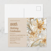 Tan Champagne Floral 100ste verjaardag voor vrouwe Uitnodiging Briefkaart (Voorkant / Achterkant)
