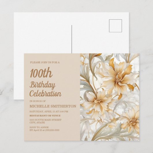 Tan Champagne Floral 100ste verjaardag voor vrouwe Uitnodiging Briefkaart (Voorkant / Achterkant)