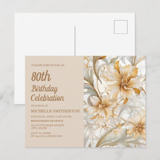 Tan Champagne Floral Vrouwen 80e Verjaardag Uitnodiging Briefkaart (Voorkant / Achterkant)