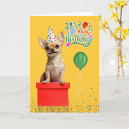 Tan Chihuahua Dog Party Hat Yellow Birthday Kaart
