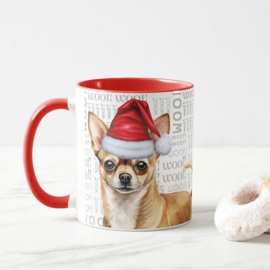 Tan Chihuahua Hond Kerstman Woof Achtergrond Kerst Mok (Met donut)