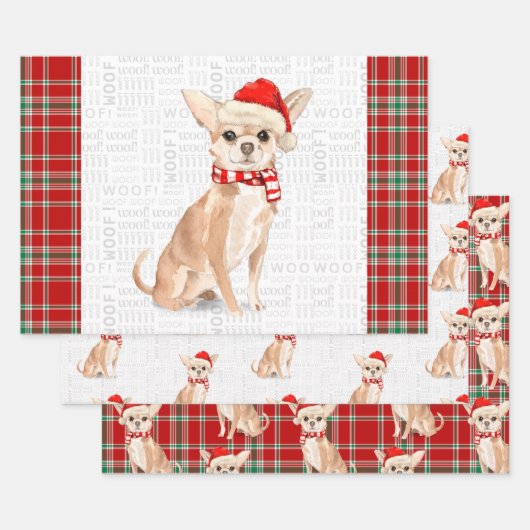 Tan Chihuahua Kersthond en Plaid Inpakpapier Vel (Set)