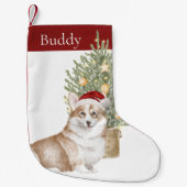 Tan Corgi Dog Waterverf voor kerstbomen Kleine Kerstsok (Voorkant)