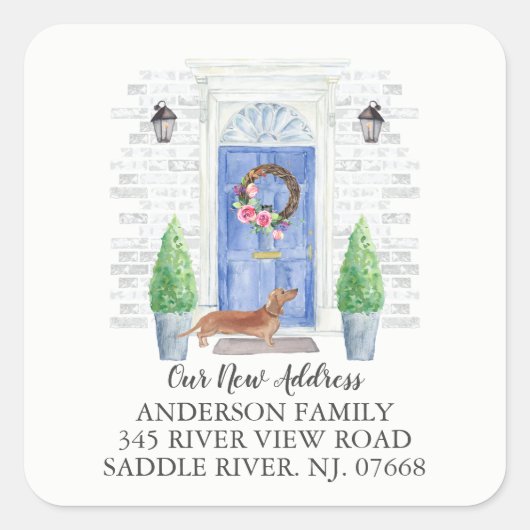 Tan Dachshund Blue-deur Nieuw adreslabel Vierkante Sticker (Voorkant)