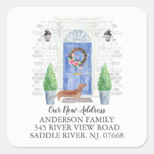 Tan Dachshund Blue-deur Nieuw adreslabel Vierkante Sticker