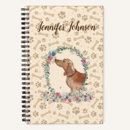 Tan Dachshund Dog Paw Print & Floral Cute Notitieboek