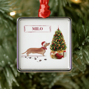 Tan Dachshund Funny kersthond met boom Metalen Ornament