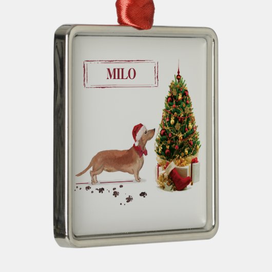 Tan Dachshund Funny kersthond met boom Metalen Ornament (Rechts)