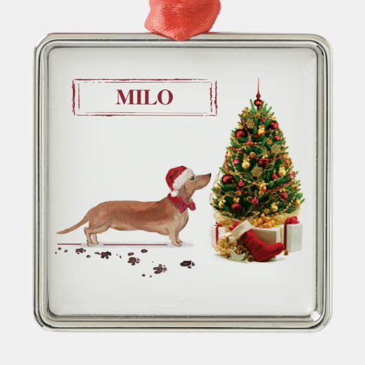 Tan Dachshund Funny kersthond met boom Metalen Ornament (Voorkant)