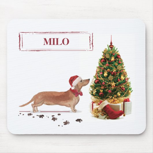 Tan Dachshund Funny kersthond met boom Muismat (Voorkant)