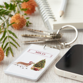 Tan Dachshund Funny kersthond met boom Sleutelhanger