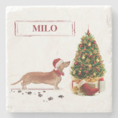 Tan Dachshund Funny kersthond met boom Stenen Onderzetter (Voorkant)