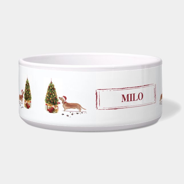 Tan Dachshund Funny kersthond met boom Voerbakje (Links)