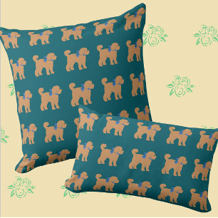 Tan Doodle Dog Donkerblauw Groen Kussen