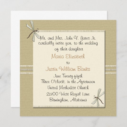 Tan Dragonfly Square Wedding Invitation Kaart (Voorkant / Achterkant)