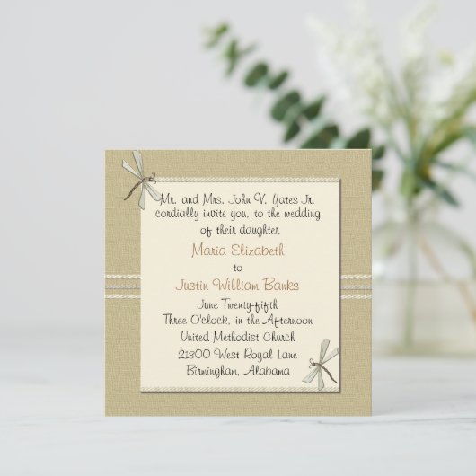 Tan Dragonfly Square Wedding Invitation Kaart (Staand voorkant)