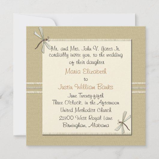 Tan Dragonfly Square Wedding Invitation Kaart (Voorkant)
