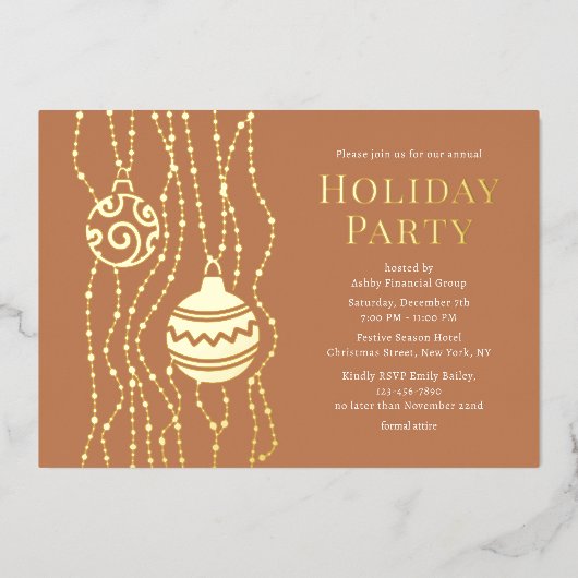 Tan Elegant Kerstfeest Zakelijke vakantie Folie Uitnodiging (Voorkant)
