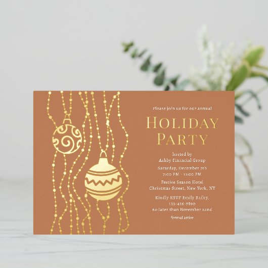 Tan Elegant Kerstfeest Zakelijke vakantie Folie Uitnodiging (Staand Voorkant)