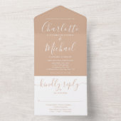 Tan Elegant Modern Script Minimalistische Bruiloft All In One Uitnodiging (Binnen)